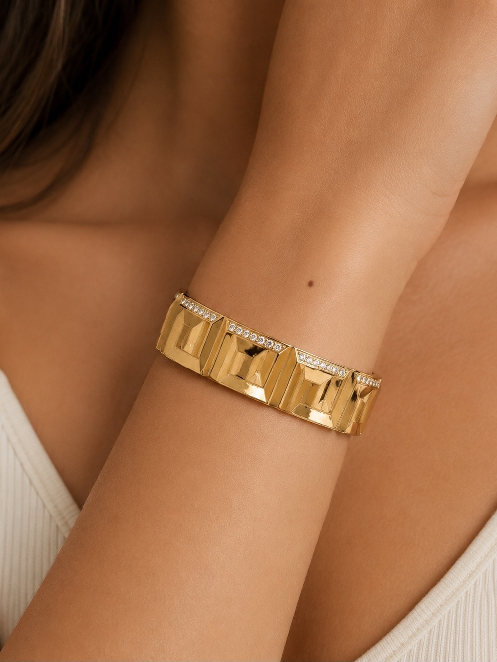 Versace Gold Greca Logo Cuff Bracelet with Rhinestones
